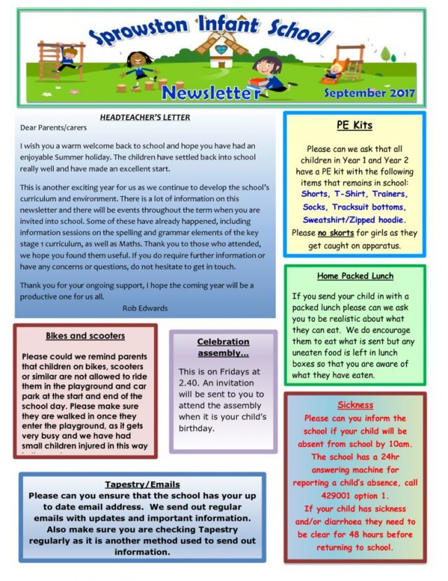 newsletters sprowston infant school